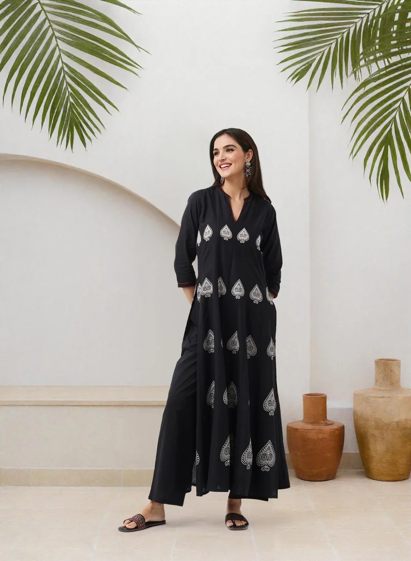 ISHIN  Women's Black 100% Cotton Embellished Tunic Full Length Casual Straight Fit Kurta Set for Women | Best Price UAE